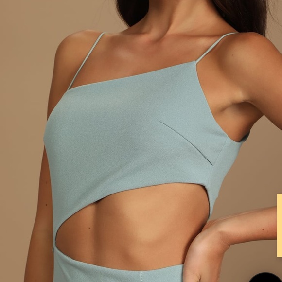 Flawless Attitude Sage Blue Asymmetrical Cutout Midi Dress - Picture 4 of 5